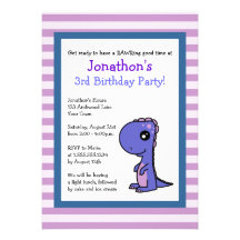 Cute Blue Dinosaur w/ Stripes Birthday Invite 5x7
