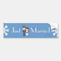Cute Bride, Groom & Snowflakes Just Married Winter Bumper Stickers