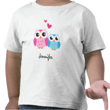 Cute cartoon owls with hearts personalized name tshirt