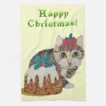 cute Christmas kitten art and cream Kitchen Towels
