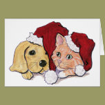 Cute Christmas Puppy and Kitten in Santa Hats cards