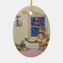 cute christmas puppy and santa art Ornament