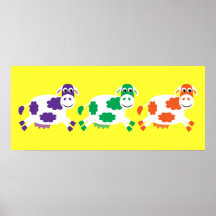 Cute Colourful Running Cartoon Cows Yellow Custom Poster