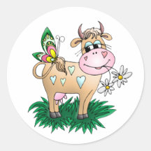 Cute Cow & Butterfly Round Sticker