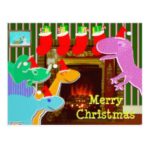 Cute Dinosaurs by the Fireplace Christmas Postcard