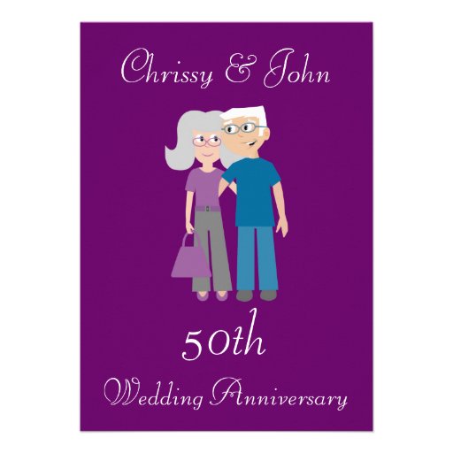 Cute Elderly Couple Purple Wedding Anniversary Personalised Announcements