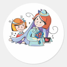Cute, "Flowergirl and Bride" design Round Sticker