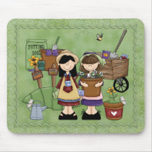 Cute Gardenscene with Girls & Flowers Mouse Pads