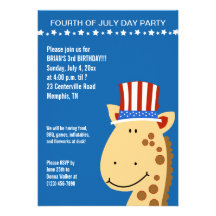 Cute Giraffe 4th Fourth of July Birthday Invite