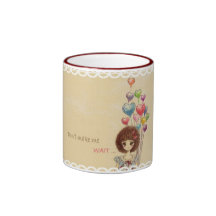Cute girl waiting with colourful balloons coffee mugs
