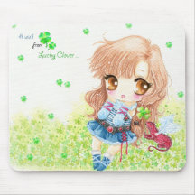 Cute girl with lucky clovers mouse pad