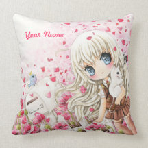 Cute girl with white cat on pink flowers field pillows