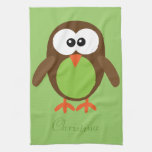 Cute Green & Brown Cartoon Owl Personalised Kitchen Towel