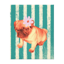 cute green retro stripes pug puppy stretched canvas print