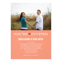 Cute Heart Peach Red Wedding Photo Invitations