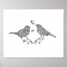 Cute Love Birds in Black and White Poster Print