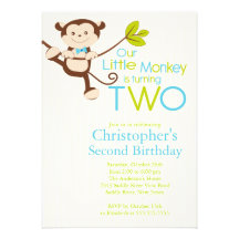 Cute Modern Monkey 2nd Birthday Party Invitations