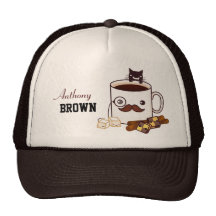 Cute moustache coffee cup and cat - Personalised Trucker Hats