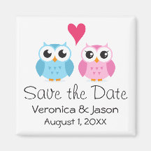 Cute owl bird couple with heart save the date refrigerator magnet