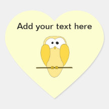 Cute Owl Cartoon. Yellow. Heart Stickers
