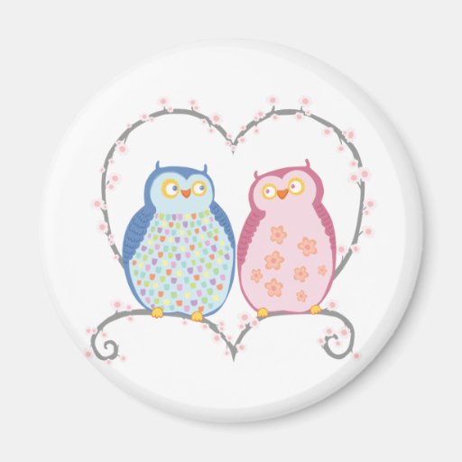 Cute Owls in Love Heart Pink Blue Clipart Magnets