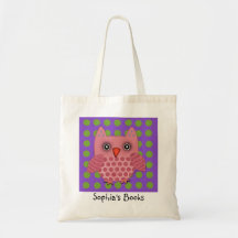 Cute Personalized Pink Owl Book Tote Bags