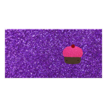 Cute pink glitter cupcake purple glitter customized photo card