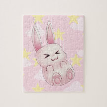 Cute pink Kawaii Bunny rabbit falling from stars Jigsaw Puzzle
