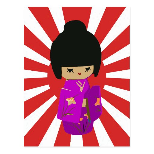 Cute Pink  Kokeshi Doll on rising sun Postcard