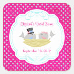 Cute Pink Love Birds Bridal Shower Square Sticker!