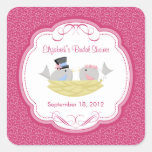 Cute Pink Love Birds Bridal Shower Square Sticker!