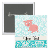 Cute Pink Pig; Teal Damask
