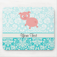 Cute Pink Pig; Teal Damask Mouse Mat