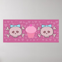 Cute Pink Skulls & Cupcake With Hearts Background Posters