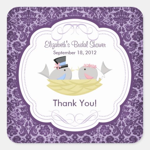 Cute Purple Love Birds Bridal Shower Square Square Stickers