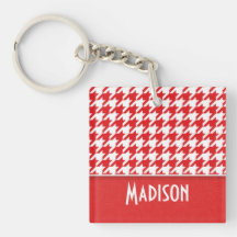 Cute Red & White Houndstooth Square Acrylic Key Chain