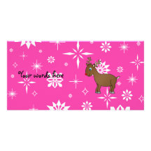 Cute reindeer white and pink snowflakes photo card template