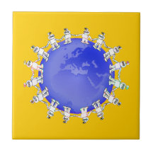 Cute Robots Holding Hands Around Earth Tile