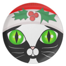 Cute Santa Tuxedo Cat Christmas Plate