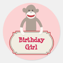 Cute Sock Monkey Birthday Girl Stickers
