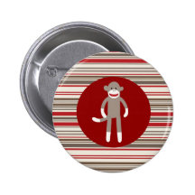 Cute Sock Monkey on Red Circle Red Brown Stripes Pin