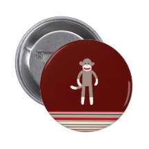 Cute Sock Monkey on Red with Stripes Pinback Button