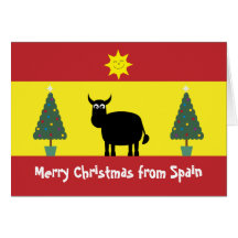 Cute Spanish Bull, Flag & Christmas Trees Card