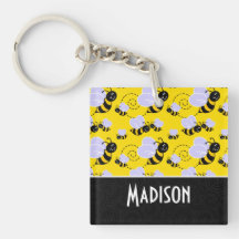 Cute Yellow & Black Bee Square Acrylic Key Chain