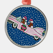 Dachshund Santas Christmas Pink Cadillac Ornament
