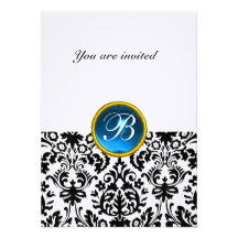 DAMASK GEM STONE MONOGRAM sapphire blue linen rsvp Personalized Invitations