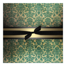 Damask Green & Gold Wedding Invitation
