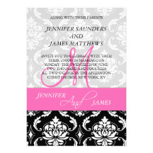 Damask Hot Pink Monogram Names Wedding Invitations