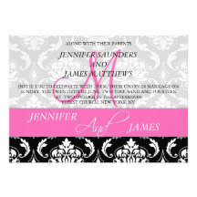 Damask Monogram Names Hot Pink Wedding Invitation