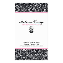 Damask - Pink Striped Black and White Vertical-II Business Cards